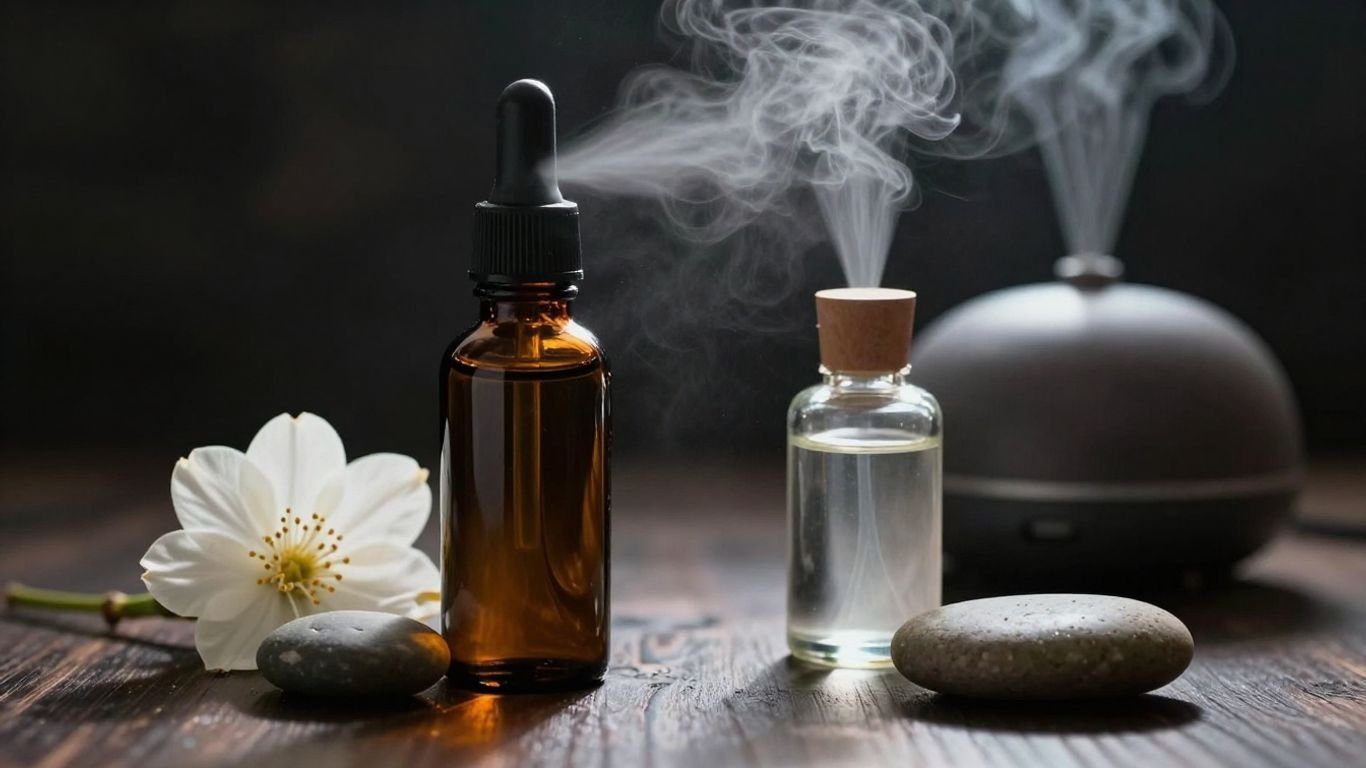 Patchouli oil bottles for perfumery and aromatherapy.