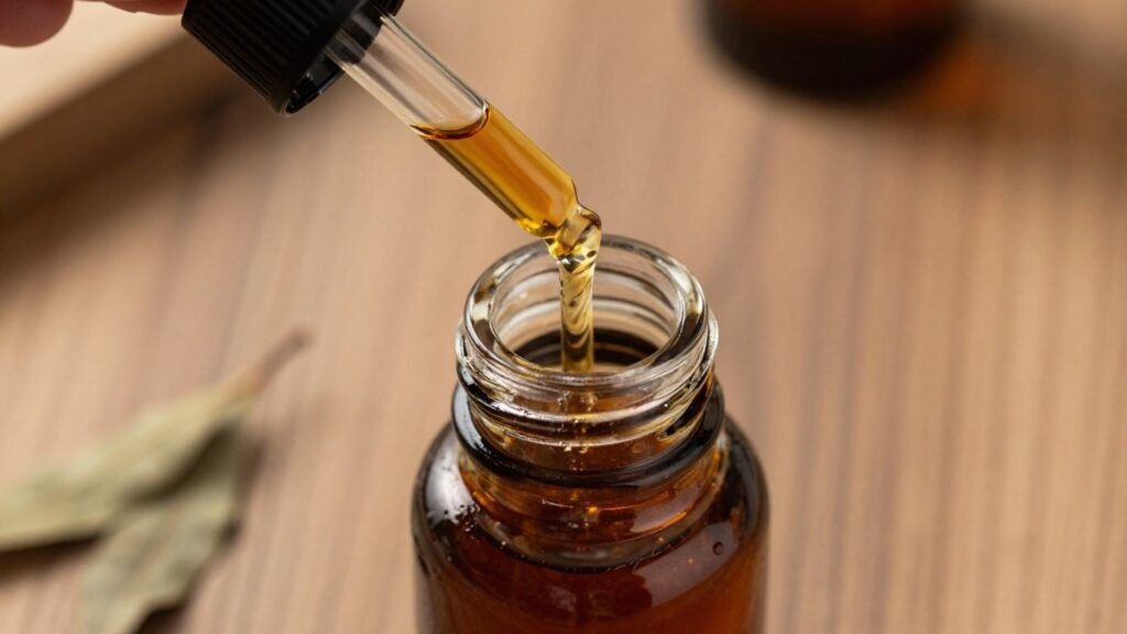 Patchouli oil in a dropper and vial with dried leaves.