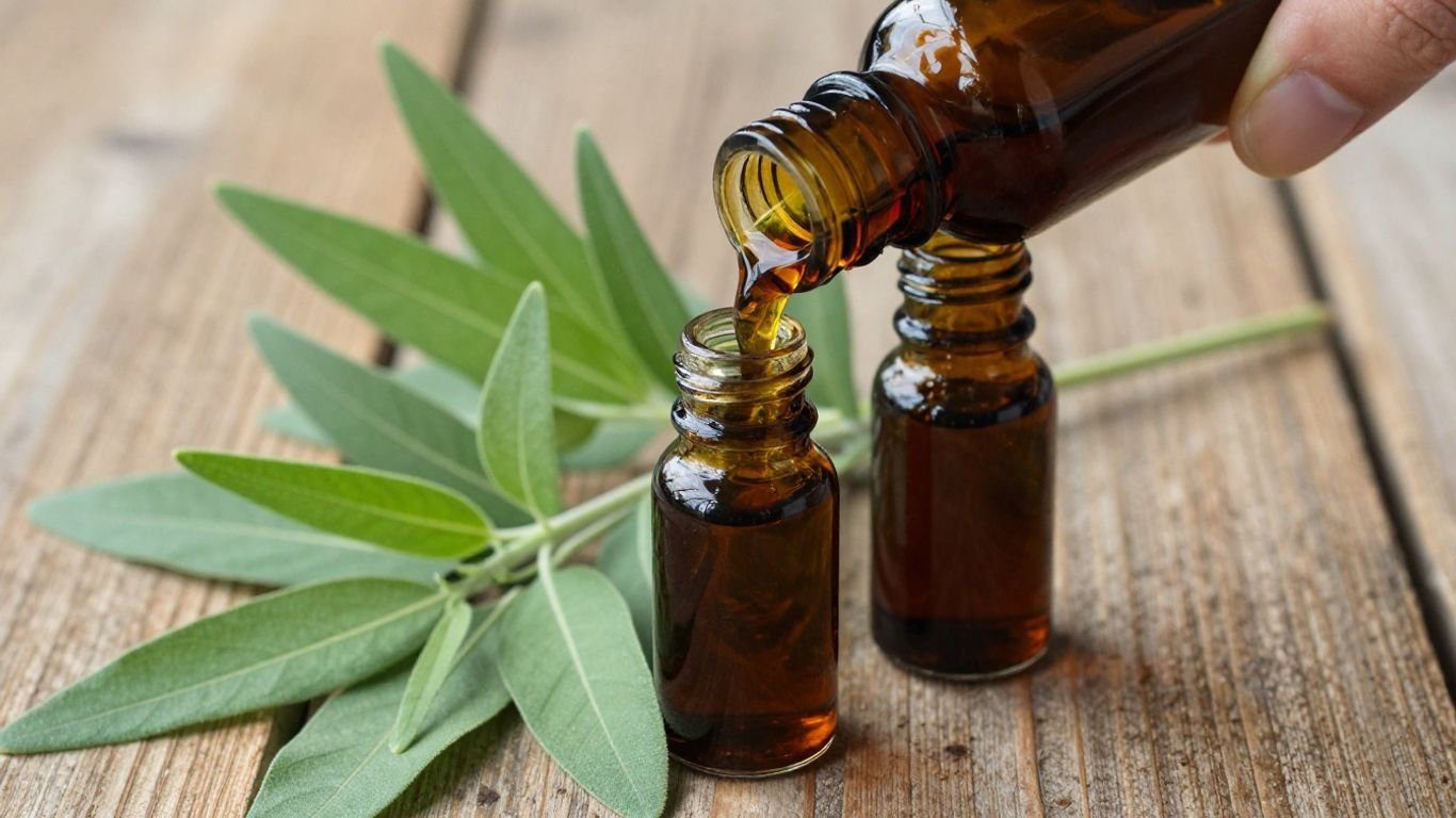 Patchouli oil pouring into a vial with leaves.
