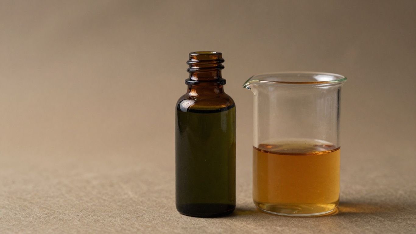 Patchouli oil vials and beaker for trading analysis.