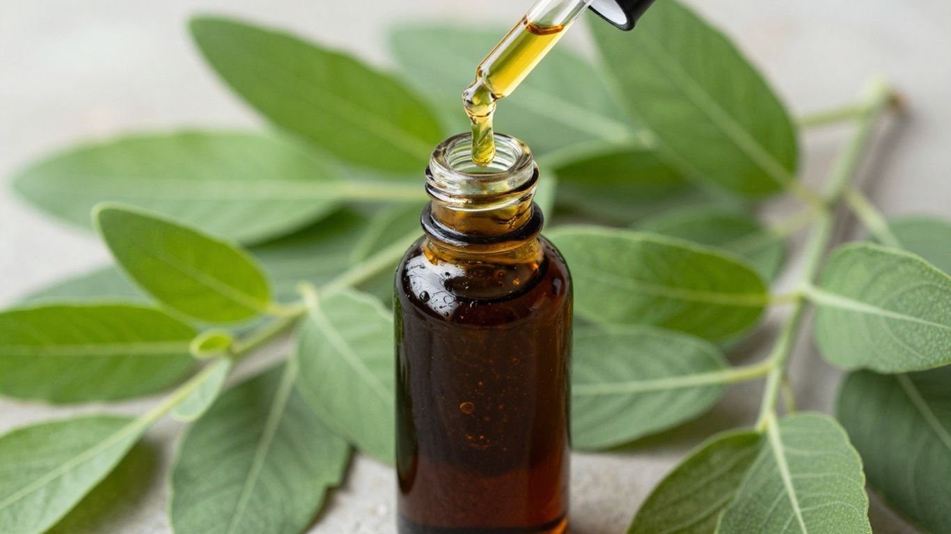 Patchouli oil pouring from dropper into vial with leaves.