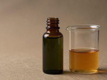 Patchouli oil vials and beaker for trading analysis.